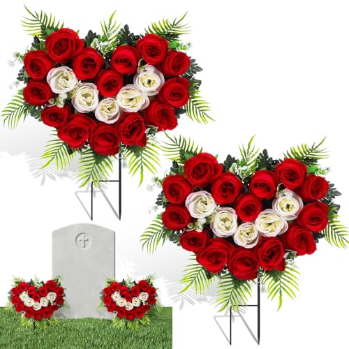 Luinabio 2 Sets Memorial Day Cemetery Flowers for Grave Memorial Grave Wreath with Ground Spike Red White Rose Heart Spring Flower Bouquet for Outdoor Mother Father Headstone Graveside Decorations