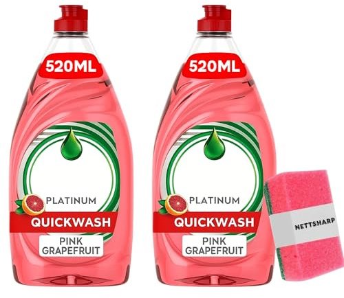 Quickwash Platinum Washing Up Liquid – Pink Grapefruit 520ml (Pack of 2) - Powerful Grease-Cutting & Long Lasting Dish Soap - Gentle on Hands, Refreshing Grapefruit Scent - Free Sponge Included