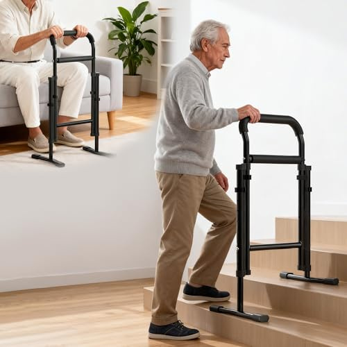 RocanicHome Stair Assist Cane, Adjustable 2-in-1 Elderly Mobility Aid with Stable Wide Base, Lift Assist Grab Bar for Stairs Climbing, Chair, Bed & Toilet, 450 LBS