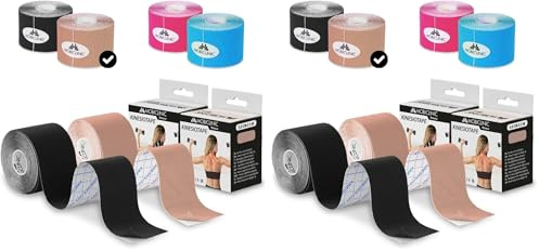 Mobiclinic®, Pack 2 rouleaux bande kinesiologie, Neuro-musculaire adhésive, De 5m x 5cm, Sport tape, Soulagement des douleurs musculaires, Kinesiotape, Face, Noir et beige (Lot de 2)