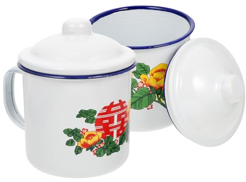 KICHOUSE Bianca Tazza Smaltata 2 Pezzi Vintage Cinese Coperchio 500ml | Finitura Liscia, Manico Antiscivolo, Resistente alla Ruggine e Antiscottatura, Stile Classico Retrò per Uso Domestico