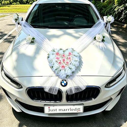 Rosa Herzförmig Autoschmuck Hochzeit Motorhaube, Hochzeit Autoschleifen,Auto Girlande, Auto Schmuck Braut Paar Rose Deko, Seidenblumen für Hochzeitsauto mit Extrastarken Saugnäpfen und 2x240cm Organza