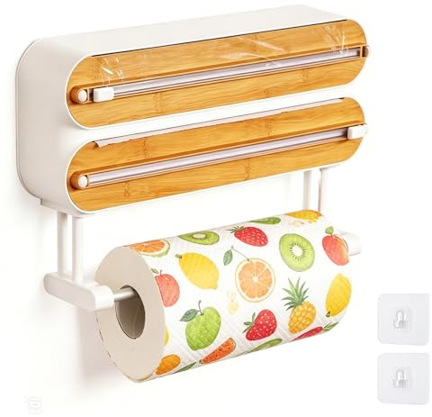 LUPATDY 3-i-1 plastfoliedispenser med fräs, magnetisk köksrullehållare, köksrullehållare utan borrning, aluminiumfoliedispenser, pappersrullhållare för kök (bambumönster)