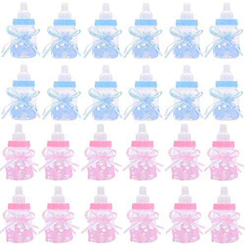 Candy Bottle Baby Shower, 24 pcs Mini Fillable Feeder Style Gift Box with Bear for Party Favors Supplies Boy Girl Newborn Infant Baptism Christening Birthday Decoration 9 x 4cm(12pcs Blue+12pcs Pink)