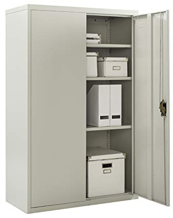 MMT Furniture Metal Storage Cabinet - 2 Door Lockable Filing Cabinet -Storage Cupboard for Home, Office, Files, Pantry, Utility, Garage Tools - 3 Shelf Unit - Grey