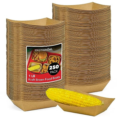 [250 Pack] Medium Disposable Brown Kraft Paper Food Trays, 1-Lb Concession Tray, Serving Boats for Party Snacks, Taco Bar, Seafood, Nachos Plates