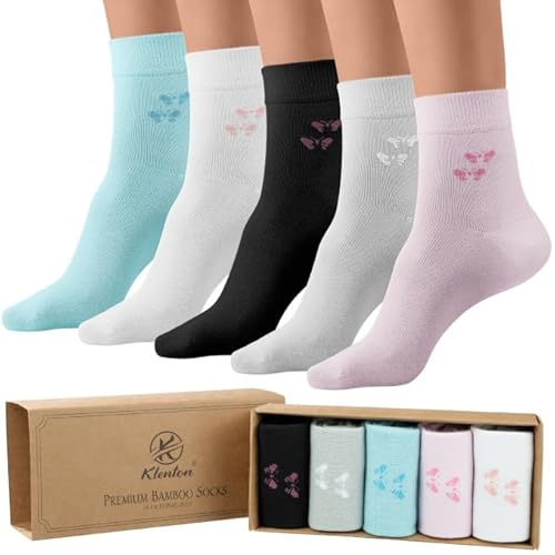 Klenton 5 par damer bambustrumpor, vardagliga strumpor för kvinnor, bekväma manschett bambustrumpor, storlek 4-8, Svart, grå, blå, rosa, vit, one size