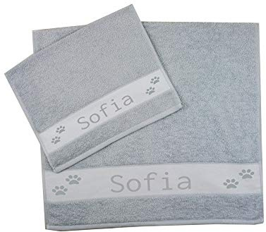 MAGIE DI CASA Personalisierte Handtücher mit Namen, 2 Stück, Gesicht + Gästehandtuch aus 100% Baumwolle Made in Italy (grau, Pfoten)