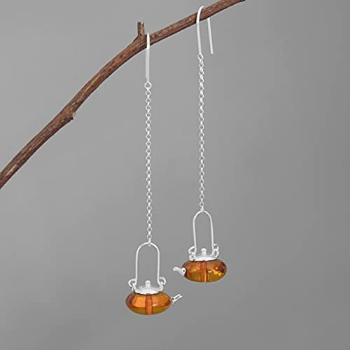 Naturliga Bärnsten Tekanna Dropp Nyhet Örhängen 925 Sterling Silver Fina Smycken