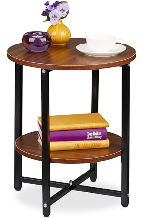 Relaxdays Beistelltisch, runder Sofatisch mit 2 Ebenen, HxD: 48 x 40 cm, Metall & MDF, Retro Couchtisch, schwarz/braun