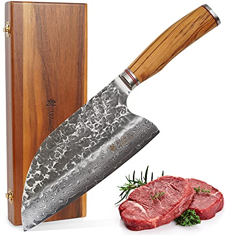 Wakoli Olive HS Chai Dao Kochmesser 20 cm Klinge aus 67 Lagen VG10-Damaststahl, Härte 60 ± 2 HRC, Hammerschlag-Finish, ergonomischer Olivenholzgriff, chinesisches Küchenmesser in edler Holzbox