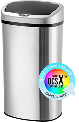 Poubelle Automatique 58L Inox Brossé avec Filtre ANTI-ODEUR et Revêtement ANTI-TRACE | Bac à ordures Electronique Cuisine Salle de Bain en Acier Inoxydable | Couvercle Electrique | Sac 50 ou 60 litres