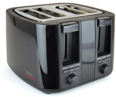 KitchenPerfected 4 Slice Wide Slot Toaster, 7 Browning Settings, Defrost/Reheat/Cancel, High Lift, Centralisation Even Toasting - Black - E2115BK