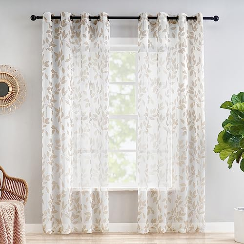 Transparent Gardinen Taupe Blätter auf Weiß Voile Gardinen mit Ösen Transparent Vorhänge Muster Durchsichtige Vorhänge für Dekoration Wohnzimmer Schlafzimmer Kinderzimmer,2 Stücke(136 x 180 cm)