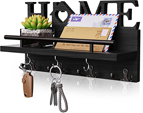 SWTYMIKI Schlüsselhalter für die Wand mit Heim dekoration, Wandregal Holz für Schlüsselbrett Organizer mit 7 Schlüsselhaken, Rustic Wandorganizer mit Ablage, Schwarz Besuche Store