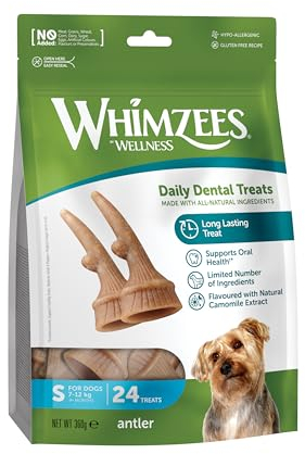 WHIMZEES Antler, geweihförmiger Hundesnack für kleine Hunde, Größe S, 24 Stück, wirkt beruhigend, ohne Zuckerzusatz, getreidefrei, natürlich, fettarm