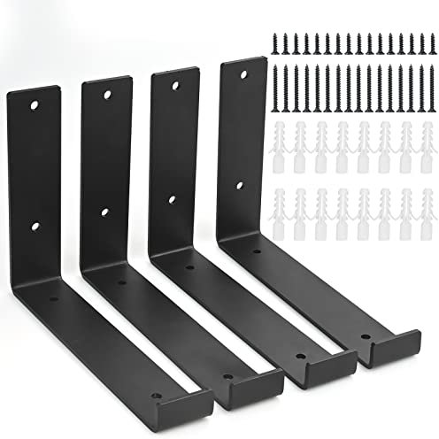 Heavy Duty Shelf Brackets, 4PCS Black Shelf Supports L Wall Mounted Shelf Bracket for Floating Shelves Scaffold Board Bracket L Shape Right Angle Corner Bracket with Matching Screw & Anchors - 21x4x15