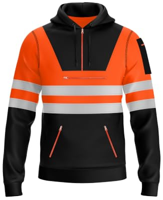 mymixtrendz Hi Vis Mens Pullover Hoodie Reflective Tape Safety Work Multi Zipped Pockets Drawstring High Viz High Visibility Hoodie Sweatshirt