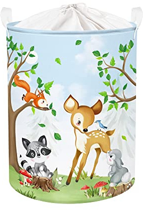 Clastyle 45L Safari Tiere Baum Hirsche Waschbär Kaninchen Grün Wäschekorb Fuchs Bär Igel Spielzeug Kleidung Aufbewahrungskorb für Kinderzimmer, 36x45 cm, (CTS0148)