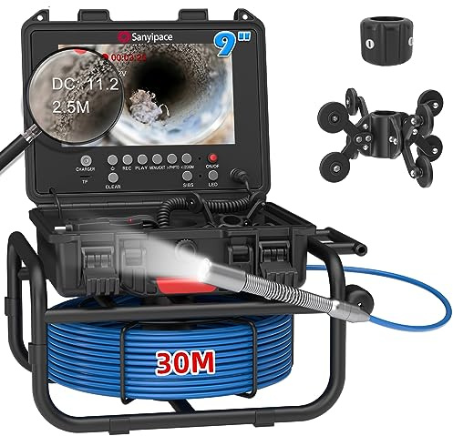 Telecamera per Ispezione tubi 30M,Sanyipace Telecamera di Ispezione tubi con DVR,IP68 Telecamera per Fognatura Impermeabile,Schermo Colori da 9 con Contatore di Distanza,Professionale Video Ispezione