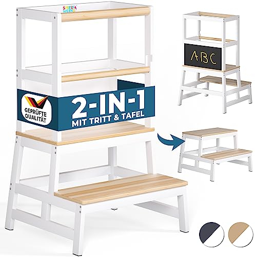 Spielwerk® Lernturm ab 2 Jahren Kinder mit Tafel Weiß 100kg Belastbar 93cm Hoch Montessori Learning Tower Trittschemel Kiefer Lernstuhl 2in1 Tritthocker Küche
