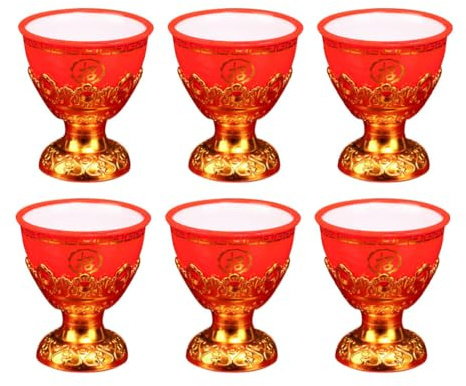 Ipetboom 6pcs Worship Offering Cups Temple Buddhist Decoration Delicate Cups Holy Water Sacrificial Use, 30ml Red Goblets Chinese Wedding Mini Shot