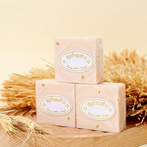 Zankie 3 Pack Natural Rice Milk Soap, Natural Thai Handmade Rice Soap - Rice Lightening Soap With Rice Extract, Deep Cleansing And Moisturising Skin Whitening Soap For Face & Body, Bath Supplies