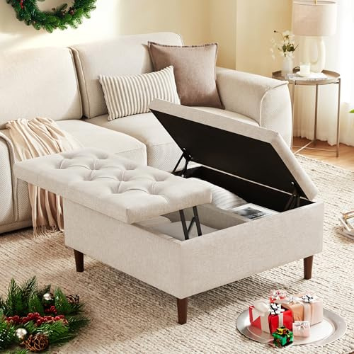 Weture 35 Inch Extra Large Storage Ottoman Coffee Table, No Assembly Required, Oversized Square Ottoman with Storage, Tufted Upholstered Ottomans Coffee Table for Living Room (Fabric, Beige)