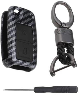 YINETTECH 2 Tasten ABS Carbon Fiber Shell Silikon Autoschlüssel Hüllen Cover Shell Smart Key Fob mit Schlüsselanhänger Kompatibel mit VW Kompatibel mit Golf 4 5 6 (Schwarz)