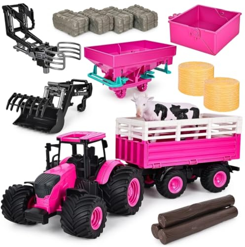 Hyrenee Farm Toys Bauernhof Tier Spielzeug Spielset Traktor mit Anhänger Zaun, Bauer, Baum, Kuh, Bauernhof Spielzeug Set für Jungen Mädchen Kinder Kleinkinder Alter 3-7 Jahre alt