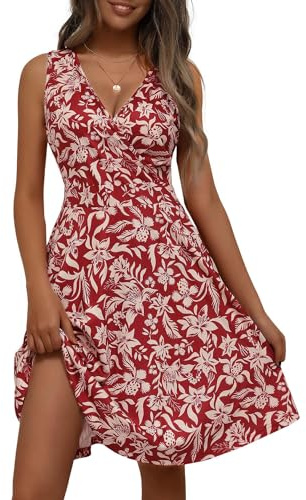 LIAMERHE Robe Femme sans Manches Col V Elegant Robes Ete Robe de Plage D'été 2024 A-Line Casual Robe Rouge M