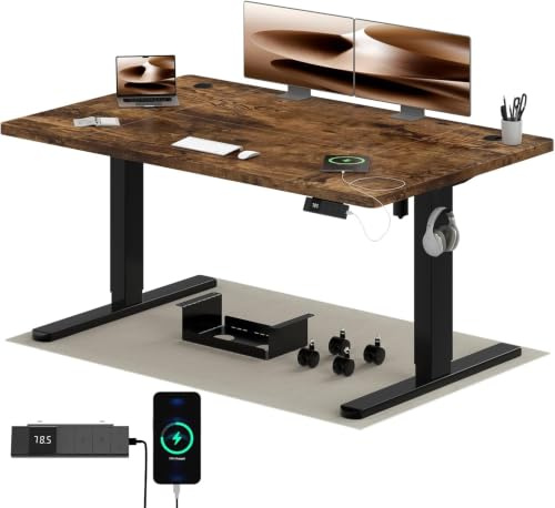 Airfish Höhenverstellbarer Schreibtisch 140x80cm mit USB-C, Vintage Braun | Schreibtisch Höhenverstellbar Elektrisch mit Kabelmanagement, Steh-Sitz Tisch, Bürotisch Computertisch für Home Office & PC