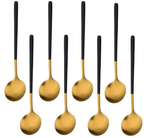 TEAHAHA 8 Piece Stainless Steel Espresso Coffee Spoons Mini Teaspoons Set，Lightweight Small Round Spoons Set ，for Coffee, Tea, Ice Cream, Dessert, Cake, Dishwasher Safe，Reusable (Black Gold)
