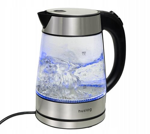 Huslog Hervidor de vidrio de 1,7 litros, 2200 vatios, iluminación LED, 100% libre de BPA, hervidor de vidrio espesado con filtro antical, base de acero inoxidable 360°, protección contra secado, plate