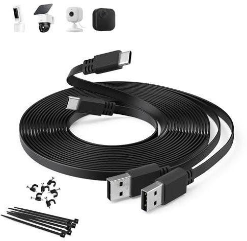 Itramax Cable de Carga Plano USB A a USB C para Cámara 5M Lote de 2,Negro | Cable Largo de Alimentación y Extensión para Videovigilancia Blink Outdoor 4/Mini 2,eufy C210,Tapo C120,EZVIZ H6c 2K/CP1 Pro