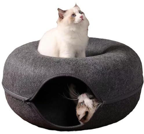 SYCCLLYYDS Katzenhöhle 60x60x28cm Dunkelgrau,Katzentunnel Abnehmbar und Waschbar,Katzenhöhle Filz Donut, Katzenbett Höhle Reißverschluss,für Spielen Schlafen Gemütliche Kratzen Höhle