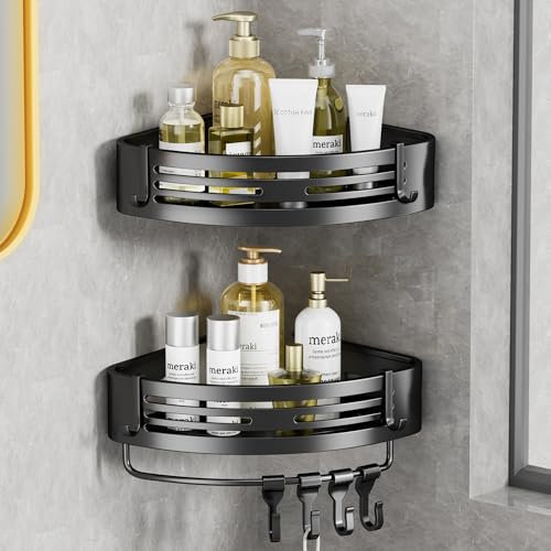 Duschregal Ohne Bohren Badezimmer Regal für Aufbewahrung Shampoo und Duschgel, Schwarz Duschablage Ecke Badregal Duschkorb Mit 8 Haken für Bad Küche Toilette 2 Stück