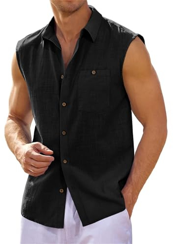 Runcati Camisa de lino para hombre, sin mangas, cuello vuelto, camisa para hombre, playa, verano, tiempo libre, camiseta básica, chaleco con bolsillo, Negro , M