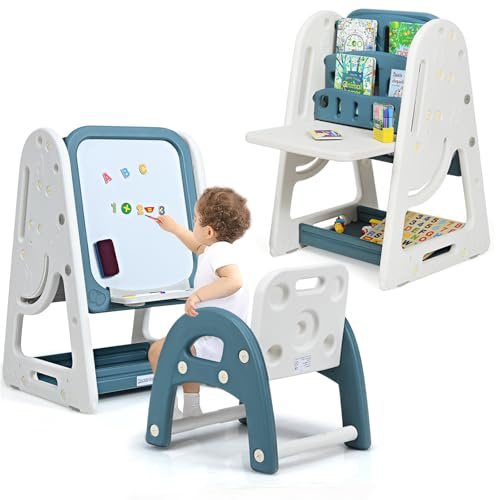 HOMASIS 3 in 1 Kindertafel mit Kindersitzgruppe & Bücherregal, Kindertisch mit Stuhl Set höhenverstellbar, Kinder Staffelei mit Aufbewahrungsablage, Standtafel Maltafel für Kinder ab 3 Jahren (Blau)