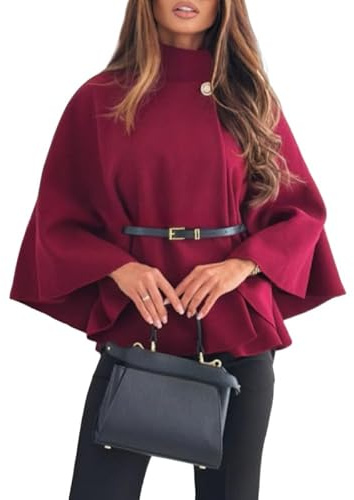 LIUYUYOUGO Dam elegant poncho-ullblandning kort kappa mode stående krage sjalar kappa 3/4 fladdermusärm vinter ull pektoat jacka trench ytterkläder med bälte, Bourgogne röd, S