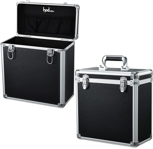 Vinyl Record Storage Case LP Storage Box Record Box Portable Album Collection Display Box Water Resistant Organizer Storage Holds 50 Valuable Records 7/10/12 Inch with Mesh Bag, Black and Silver