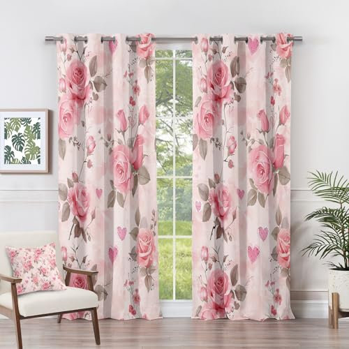 Romantic Pink Rose Floral Blackout Curtains 90 x 90 Inch 2 Panels