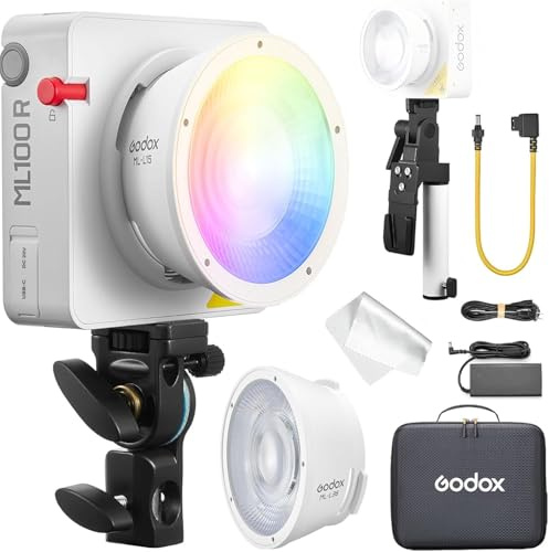 Godox ML100R Kit1 RGB LED-videolampa med utbytbar linsreflektor 15° och 36°, V-mount batterihandtag, 1800-10000 K CCT, 14 filmiska FX-effekter och kontroll via