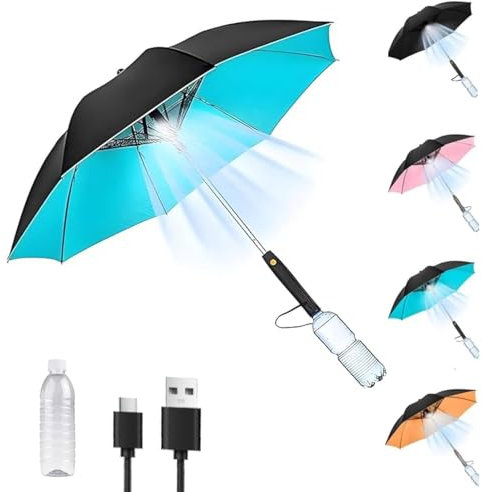 Misting Umbrella with Fan & Water Bottle, Portable 3 in 1 usb Rechargeable Sunshade, Mist Spray Sun Umbrella with Miste for Outdoor, Beach, BBQ, and Festivals, UV Blocking (Blue,Rechargeable)