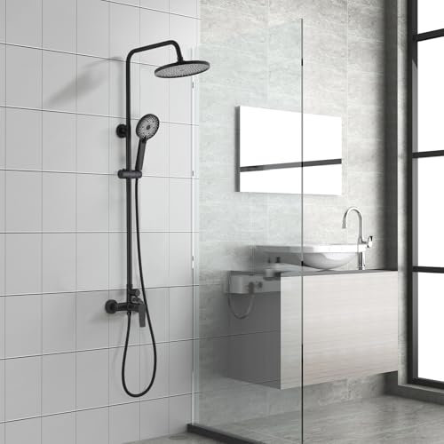 Columna de Ducha STANEW,Conjunto de Ducha,Columna de Ducha para Baño,Conjunto de Ducha Mecánica con Cabeza de Ducha Redonda y Manguito en ABS con 3 Chorros(Negro)