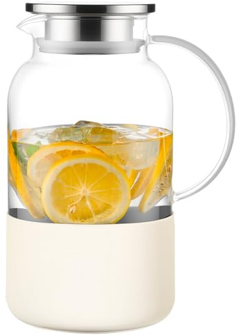 PARACITY Water Jug Water Pitcher with Silicone Base 61oz/ 1.8L, Hot& Cold Glass Pitcher with Lid and Handle, Glass Carafe with Lid for Coffee, Juice, Lemonade and Milk (Off-white base)