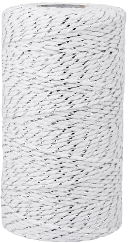 Leecogo Cotton Twine Silver and White Baker String 2mm Thick 328 Feet Christmas Twine for Gift Wrapping DIY Crafts Home Party Decoration