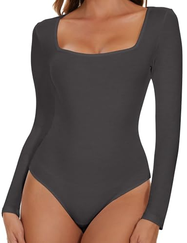SHAPERIN Body para Mujer Manga Larga Cuello Cuadrado Long Sleeve Bodysuit Sexy Square Neck Jumpsuit Top Gris Oscuro M