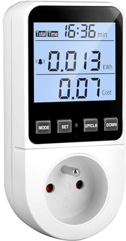 Wattmètre Prise Compteur d'Énergie avec 8 Modes, Prise Consommation Electrique Wattmètre Écran LCD Rétroéclairé, Mesure Consommation d'Énergie Compteur Électrique avec Alarme Sonore de Surcharge 3680W