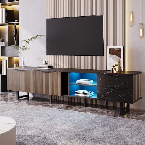 Merax TV-Schrank 200x38x50 cm, mit LED-Beleuchtung, Marmoroptik & Holzmasertüren, 2 Türen & 2 Schubladen, modernes Lowboard für Wohnzimmer, Schwarz + Holzmaserung